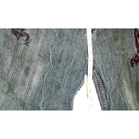 Y2K Black Baggy Jeans Mens 44 Red Dragon Print Faded Grunge Vintage Distressed - Picture 13 of 16